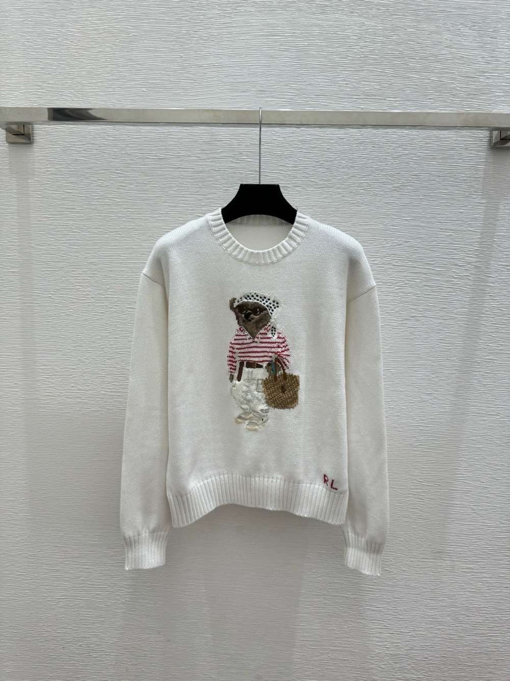 Polo by Ralph Lauren White Crewneck Sweater with Embroidered Bear